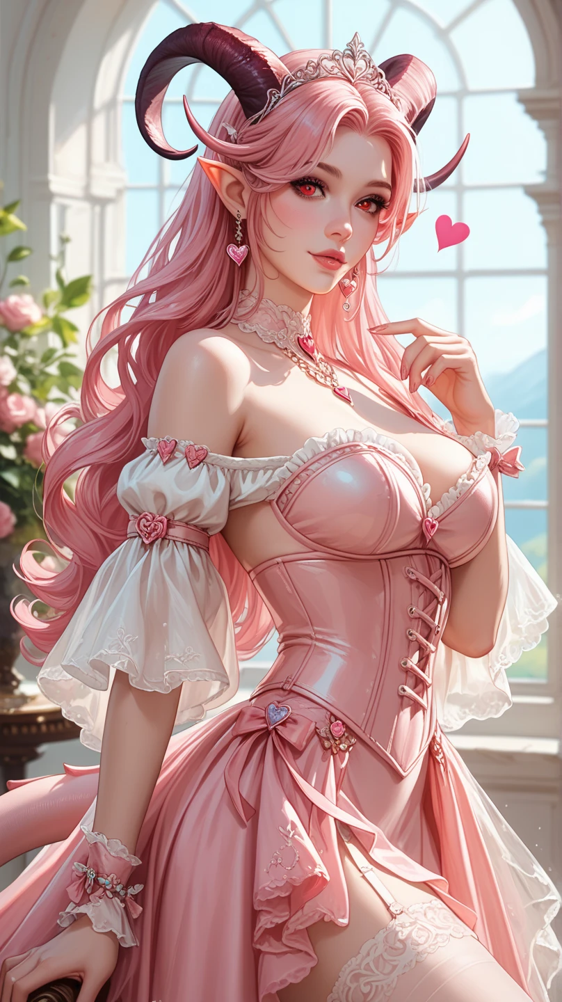 This is realistic fantasy artwork set in the castle's enchanted rose garden. Generate a proud woman with a highly detailed face dressed in the billowing folds of a stunning French silk ballgown. The woman's sweet face is ((((highly detailed, with realistic features and soft, puffy lips.)))) The ballgown is embellished with ruffles, sashes, and bows and a delicately, but intricately, hand-embroidered bodice. The corset features silk ribbon. The woman's stunning eyes are beautifully blue hair pink detailed, featuring realistic shading and multiple colors and high resolution. The woman is in a garden of eternal roses, each one beautifully formed and highly detailed. These realistic roses feature shimmering shades of pink, yellow, orange, and glimmering red. The eternal rose is a deep shade of red with shimmering pink overtones and undertones. Ensure that the woman's face, hair, and eyes are perfect. realism, high fantasy, whimsical fantasy, storybook fantasy, fairytale fantasy, fantasy details, enchanting, bewitching, 8k, hires, cgi, digital painting, unity, unreal engine, (((masterpiece))), intricate, elegant, highly detailed, majestic, digital photography, art by artgerm and ruan jia and greg rutkowski, (masterpiece, finely detailed beautiful eyes: 1.2), hdr, realistic skin texture, (((1woman))), (((solo))), Include a highly detailed face, extremely detailed face, and interesting background.