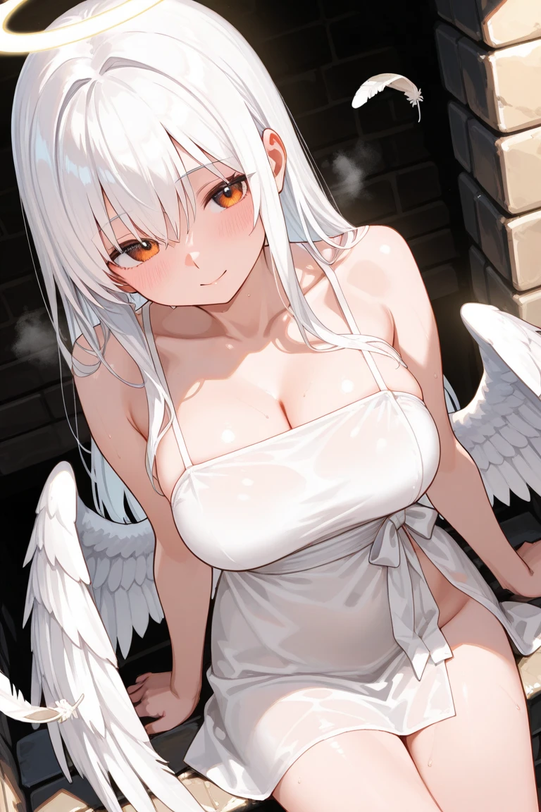 naked anime demon girl with angel wings, demon horns, halo, white hair, open mouth, shy, vagina, , long flowy hair, hands behind back, submissive,