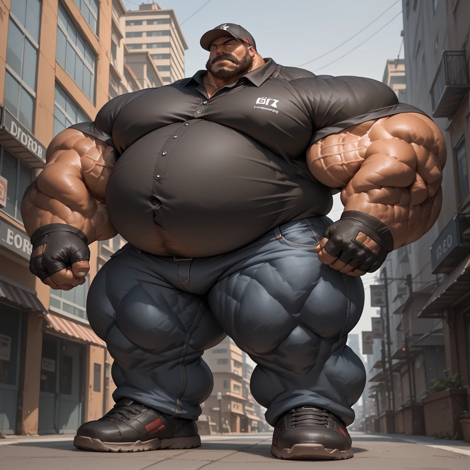 There is only one handsome Asian actor in the photo,35 years old,High target, Fitness,short hair, O-Shaped Beard,Perfect body, Dark skin color,Radiant Skin,Smooth skin,Muscle bulge, muscular, Very large pectoral muscles,Very sexy abdominal muscles,Very well-developed leg muscles,Huge concave and convex area,Brightens oily skin,Wearing black leather shiny thong,Handsome face, Correct and accurate male body proportions, Wear black socks,Standing on a gray background。