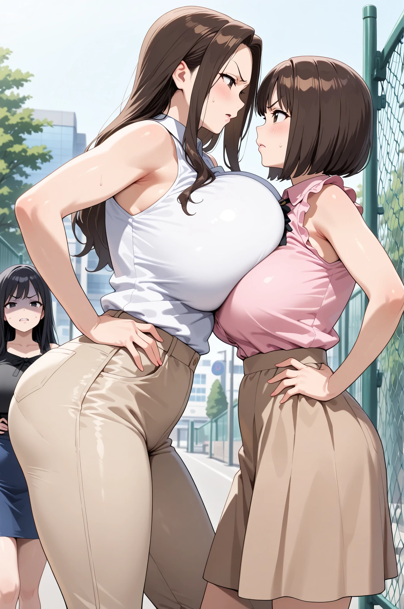 (((Solo)))、(((Big Tits、naked、Erotic)))、Brown Hair, Pink Eyes, Big Lips, Apply pink lip gloss, Long Hair, Huge breasts, Collared shirt, Tie top, abdomen, nakedの肩, Hourglass Shape, (Tight waist), Thick thighs, Street view, Defined stomach, Are standing near a shop, Cloudy, skyscraper, Detailed Sky, Pursed lips, Are standing, Simple Background, Cleavage, Leather skirt, Micro Skirt, Detailed face and eyes, Tilt your head, close, Mid Shot, Hair Ribbon, Barrette