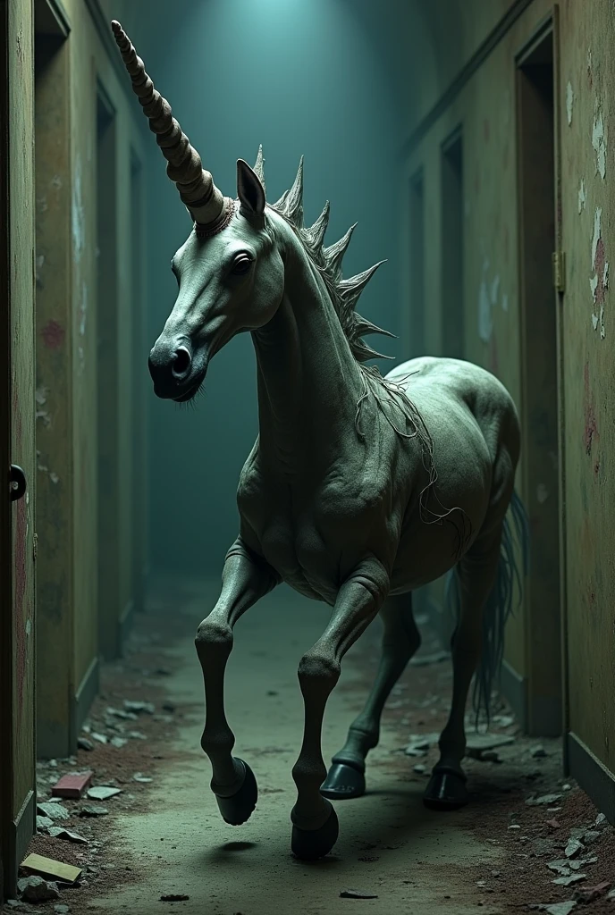 derpibooru_p_95, A long corridor of an abandoned hospital with weak night lighting, a smooth penumbra fades into the impenetrable gloom of the corridor, an unhappy and hackneyed version of the Twilight Sparkle on the edge of visibility between darkness and faint dim light, A style of high quality and ultra-detailed realism, looks at the viewer and cries half-openly, pony [Twilight Sparkle, unfortunate creature bleeding from her belly eyes: 0.5],  anatomically correct, good body proportions, 
glitch, distortion, VHS footage of, VHS 
<lora:fftage:1> <lora:VHS3:0.5> <lora:Twilight Sparkle:1> <lora:LowRA:0.5>