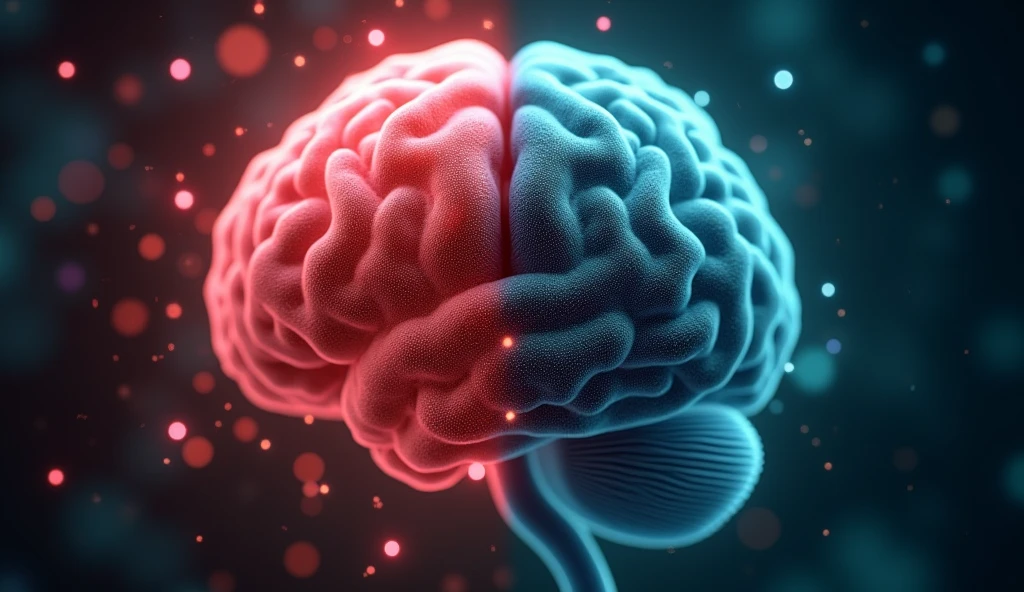 a brain from the front showing both parts of it with pieces missing being consumed by a brain-eating amoeba with a black background and vibrant colors