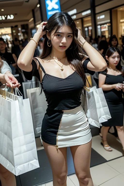 very hot sexy latin america girl, half ????? boobs expose, Little black dress, Shopping mall, vibrant, breast out fashion