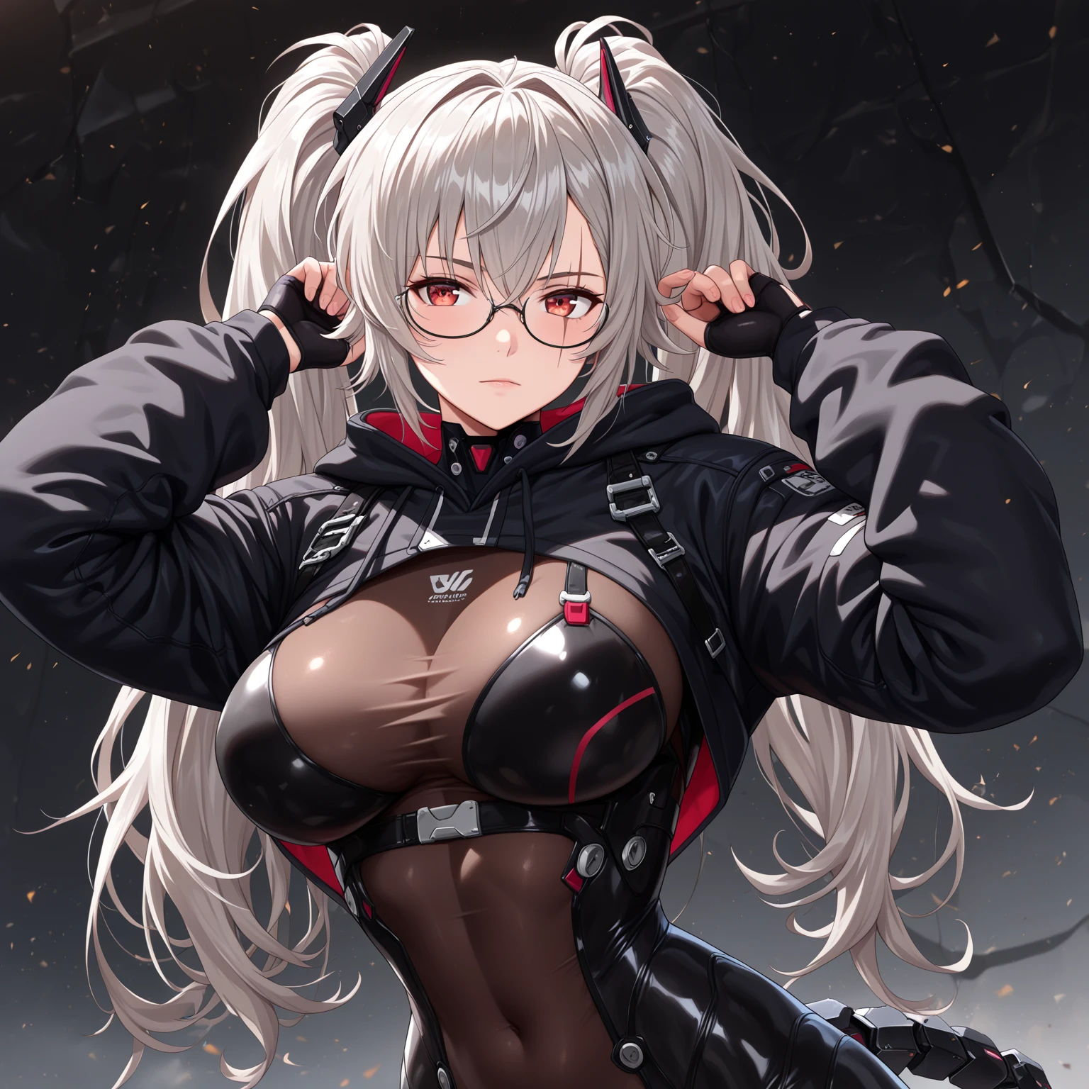 1个Giant Breast Girl, Crotch cutout, Open crotch, catss, Alone , Large breasts, Be red in the face, Naked arms, neck bowtie, No shoulder strap, Chopping, black reotard,black hat,red necktie, Black jacket