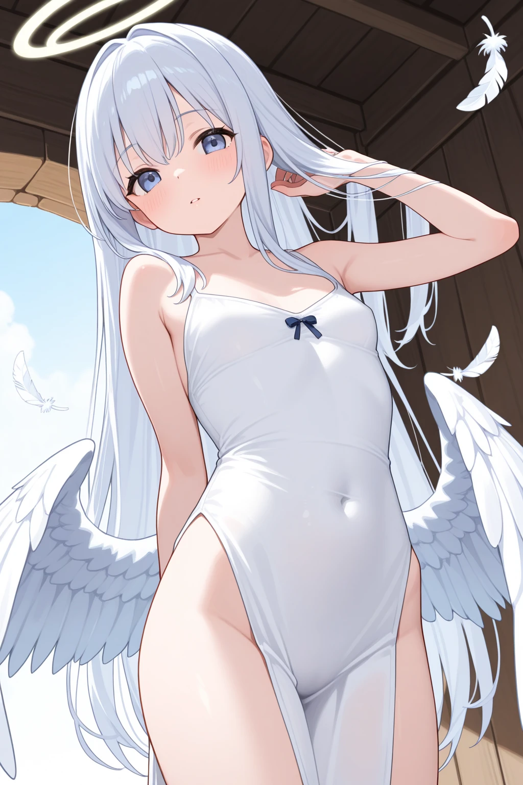 (best quality,4k,8k,highres,masterpiece:1.2),ultra-detailed,(realistic,photorealistic,photo-realistic:1.37),medium:oil painting,heavenly,ethereal,holy,long flowing hair,shimmering wings,bright halo,white robes,serene expressions,tender embrace,soft glowing light,gentle breeze,pastel colors,lush garden,flowers blooming,pure love and compassion,peaceful atmosphere