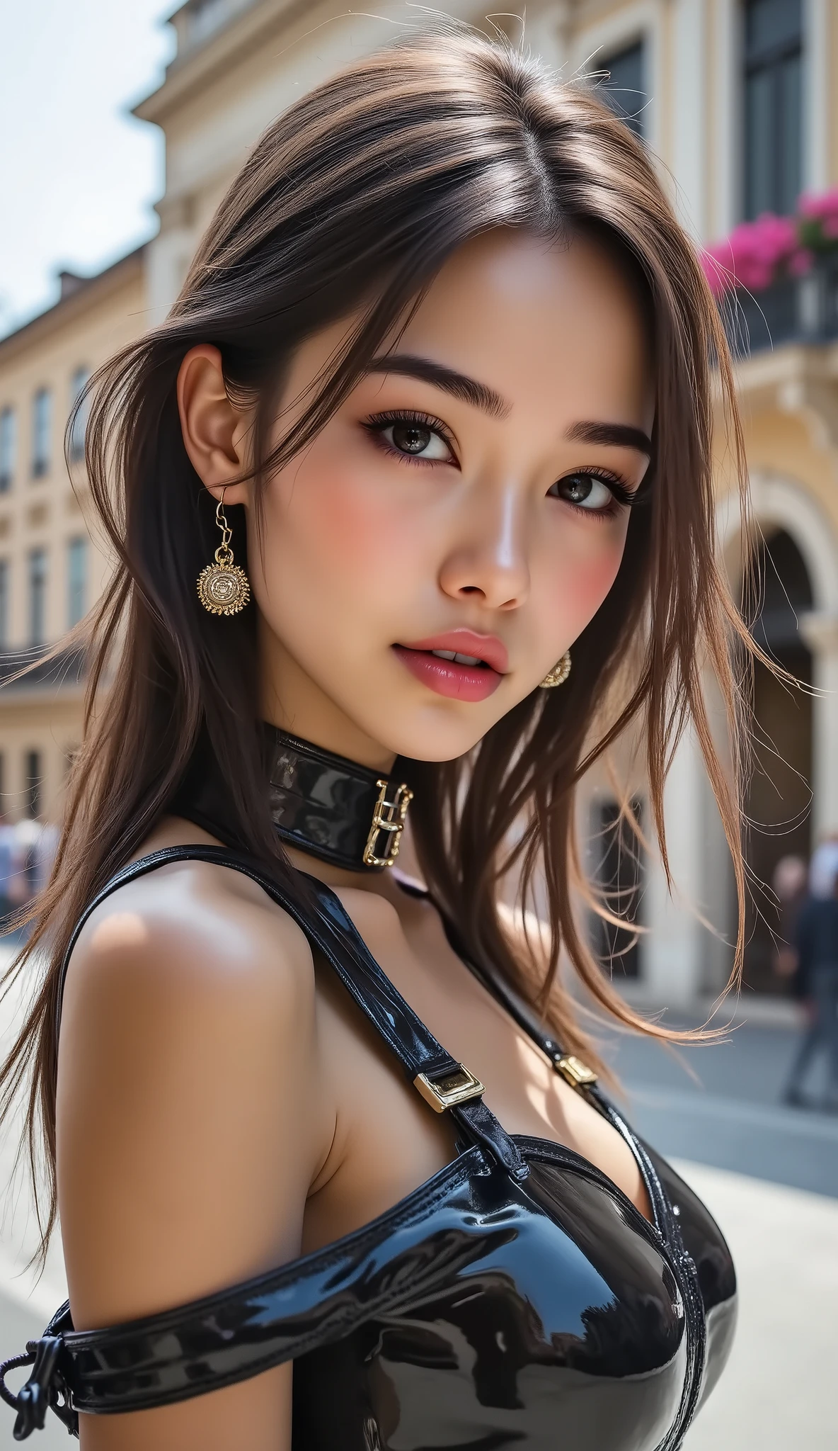  Realistic,(photorealistic Realism),((high resolution)),((intricately detailed digital art)),(best quality),(realistic texture details: perfect skin, smooth skin),(professional photography)、((a beautiful girl [Rosé from blackpink]:1.3)),((sharp focus, no blurry, high resolution, absurd quality, Realistic brown_eyes:1.3), Wear an off-the-shoulder top, full bodyesbian,(((Intricately detailed, (PVC laced:1.3), modest BDSM costume, see-thru PVC costume:1.3))), ((Style your hair, short hair, black hair, curls at the ends of the hair, hair above one eye,(short combed to the side))), ((Black Long Boots)) 、street, European Buildings，((Rose flower))，(Shining, mesmerizing, Vibrant eyes:1.2), (perfect dark_eyeshadows:1.4), detailed lips:1.3, (apply glossy red_lipstick:1.3), (pink_makeup:1.28), (beautiful little nose), (perfect proportions:1.2),(small head),(anatomically correct), perfect female body, firm and full breasts, (Super beautiful), (vivid and colorful), The attention to detail, focus of girl, dynamic pose, sexy and seductive, flirty smile, dslr, high quality split lighting, sharp focus captured by Fujifilm XT3, f 5.6, in a dramatic lighting, (perfect composition),