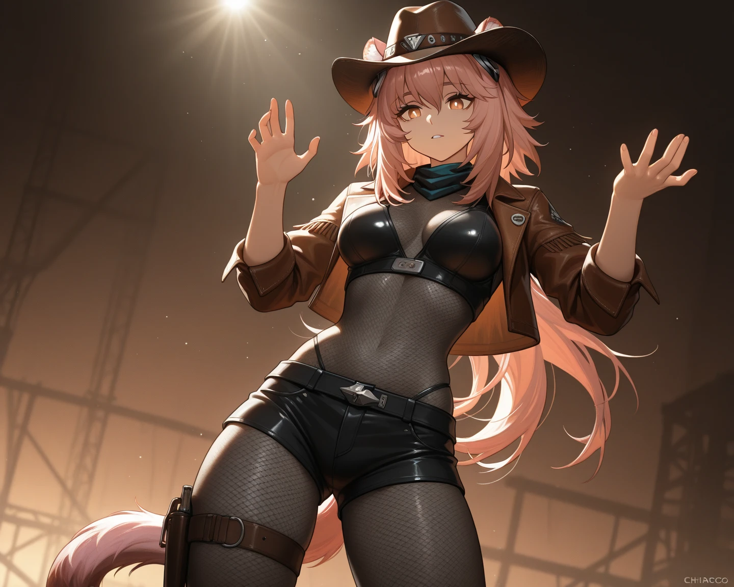 ((masterpiece, best quality)), (anthro furry:1.3, muzzle:1.2, anthro:1.3, furry:1.2, closeup:1.2, female solo:1.2, (wearing russian military coat) military pants, wearing glasses, fox spiraled in the colors of funtime foxy,five nights at freddy,white skin pink details, pink eyes, sexy position, desert ambient place,tank blimdado behind