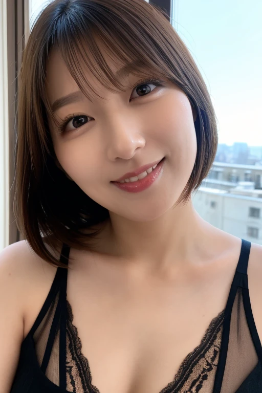 NSFW:1.5,((highest quality、8K resolution、master masterpiece、portrait:1.3)), Photoreal, 35mm film, 1 Japanese female, Upper body、on the street during the day, wrinkles around the eyes、plump body、cleavage、short bob cut、smile,((bra_panties:1.3)) , (outdoor:city street 1.3), jumbled background,look at the audience,Tokyo cityscape:1.3