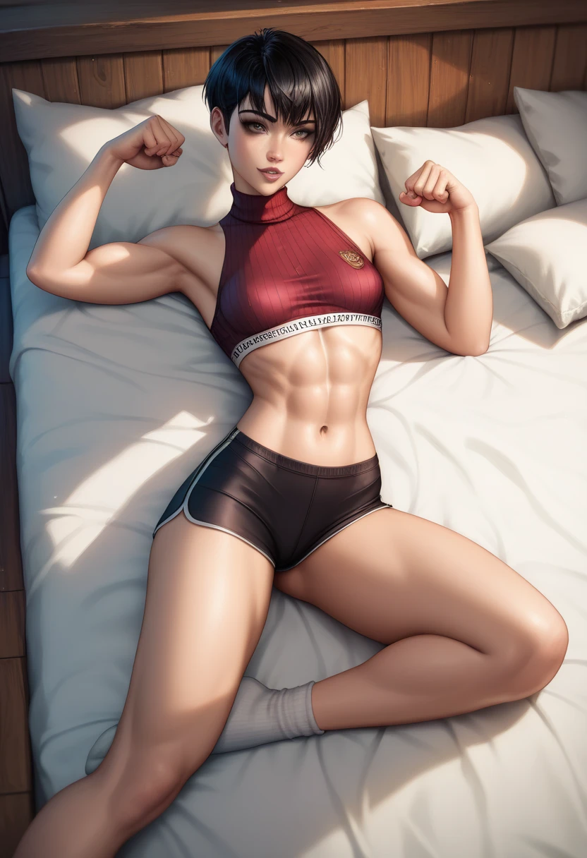 masterpiece, best quality, ultra-detailed, illustration, ultra-detailed face, best quality face,1girl,adult,30 years old,boxer,tomboy,bully,short hair,strong,muscular,abs,shorts,sportsbra,tough expression,sporty build,tall,professional martial artist,amber brown eyes,mean smile,champion,brown hair,confident, strong,fighter,dominant,ready to dominate the opposition,at home in the bedroom at night, sitting on bed seductively, evening, mood lighting,dimly lit room.