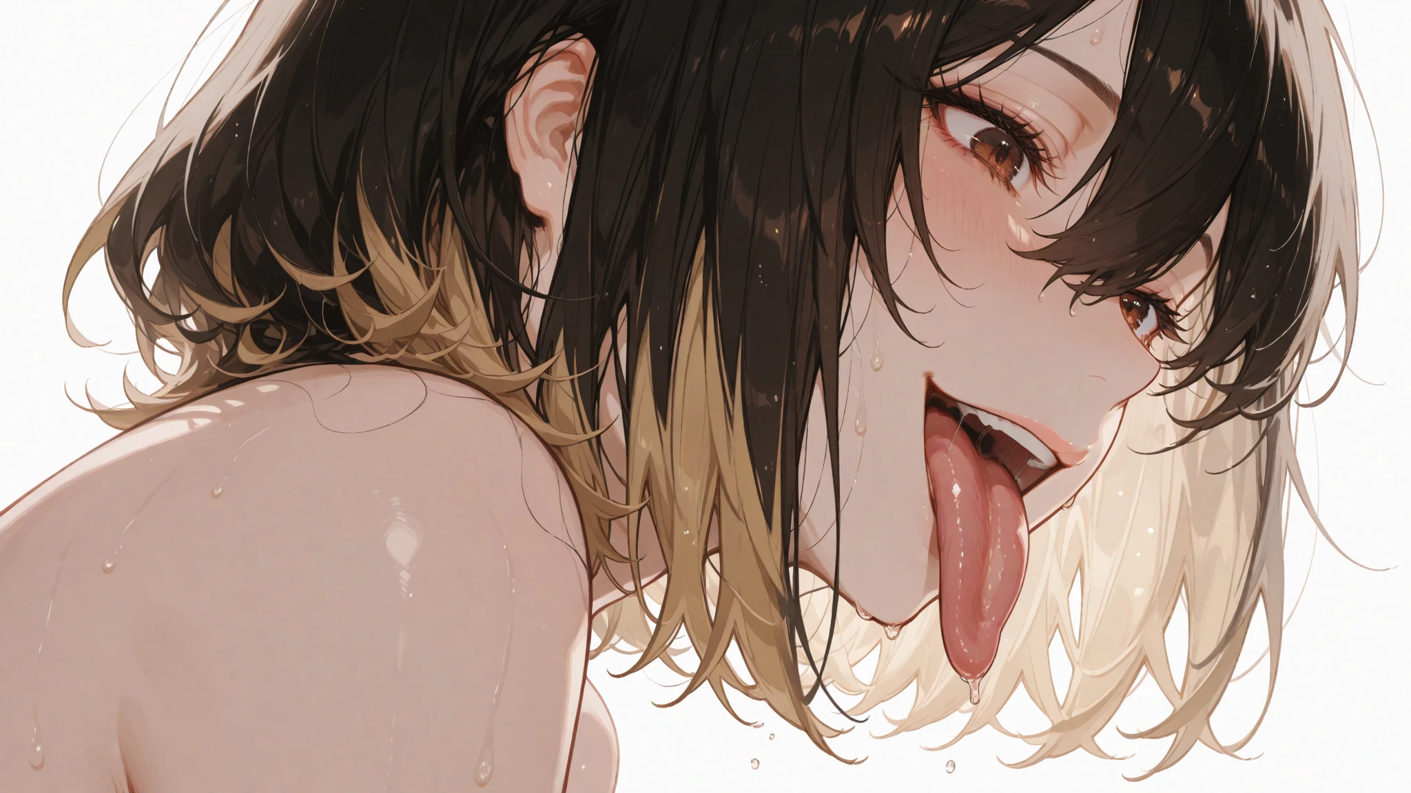 1boy,1girl,girl lsucking penis,black hair,woman focus,tongue out,sweaty,from side,blushed,suffering,humid,naughty bunny costume,at nightclub,excessive cum,detailed skin,armpit hair,short hair,tanned skin girl,face focus,blowjob