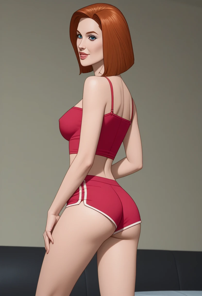 Red haired Latina, in white camisole, and big white cotton panties, big butt, back shot, wearing lipstick, smirking, realistic art style, intricate details