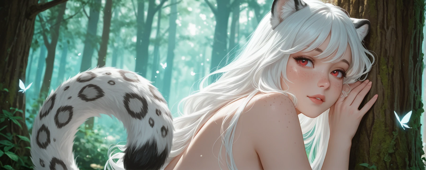 (masterpiece:1.3), (8k, Realistic, RAW Photos, highest quality: 1.4), ((One Japanese woman)), Beautiful Face, (Realistic Face), Beautiful hairstyle, ((Long, narrow eyes)), Realistic eyes, Beautiful fine details, (Realistic Skin), Beautiful Skin, Absurd, Charm, Ultra-high resolution, Ultra-realistic, Very detailed, Golden Ratio, (Best Shadow), Cinematic, (Complex:1.4), ((One Priestess)), smile, (vermilion eyeshadow), ((White Fox Ears, Long white hair, Wet Hair)), ((Fair skin)), (Pure white skin:1.1), (Sweat:1.0), (Flushed cheeks), Voluptuous body, ((Immerse yourself in the hot springs up to your chest)),  (Large Breasts:1.1), ((Cleavage:1.1)), Alluring, ((Hiding her body with a towel)), ((Staring, Eyes closed, 2 Kissing)), ((Grabbing someone&#39;s chest)), barefoot, Old Japanese Shinto Shrine, ((Rising steam)), Early morning sanctuary, (morning haze:1.5), ((Deep in the forest:1.2)), (Mikamiki:1.2), (steam:1.6), cowboy shot