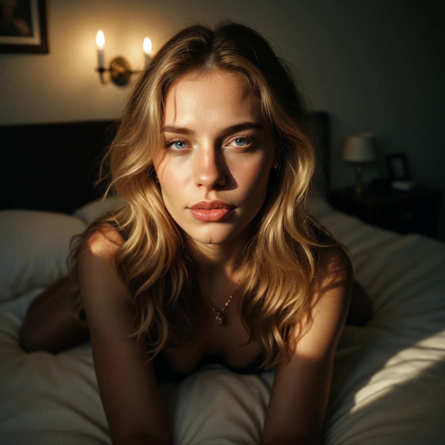 A blonde woman in her 30s with blue eyes is taking a selfie while lying on a bed in a luxurious hotel room. She has long, loose hair and is dressed in elegant sleepwear. She is holding a smartphone in her hand, capturing the selfie herself. The background shows a beautifully decorated hotel room with high-end furnishings and decor. The lighting in the room is dim and subdued, creating a cozy and relaxing atmosphere suitable for sleeping. The image should capture a serene, intimate moment with an ultra-realistic and high-quality look. Everything in the image, including the woman, her expression, and the setting, should be as detailed and realistic as possible, with soft, low lighting illuminating the scene. The facial details should be extremely lifelike, with intricate textures. The eyes should be particularly complex and realistic, showcasing intricate details in texture, hair, glistening effects, and vibrant color. All textures in the image should be enhanced to an ultra-realistic level. Additionally, add a film grain effect (Downtown) to the image to give it a cinematic quality. The image should have the crystal clear quality of a Fujifilm XT3 photograph, with the beautiful face and full body framed at the center. The woman's body should have slightly more generous curves, enhancing her natural figure in a tasteful and realistic manner, with no nudity. Everything should be the highest possible quality with the most realistic details, and the overall scene should be much darker to reflect a nighttime ambiance