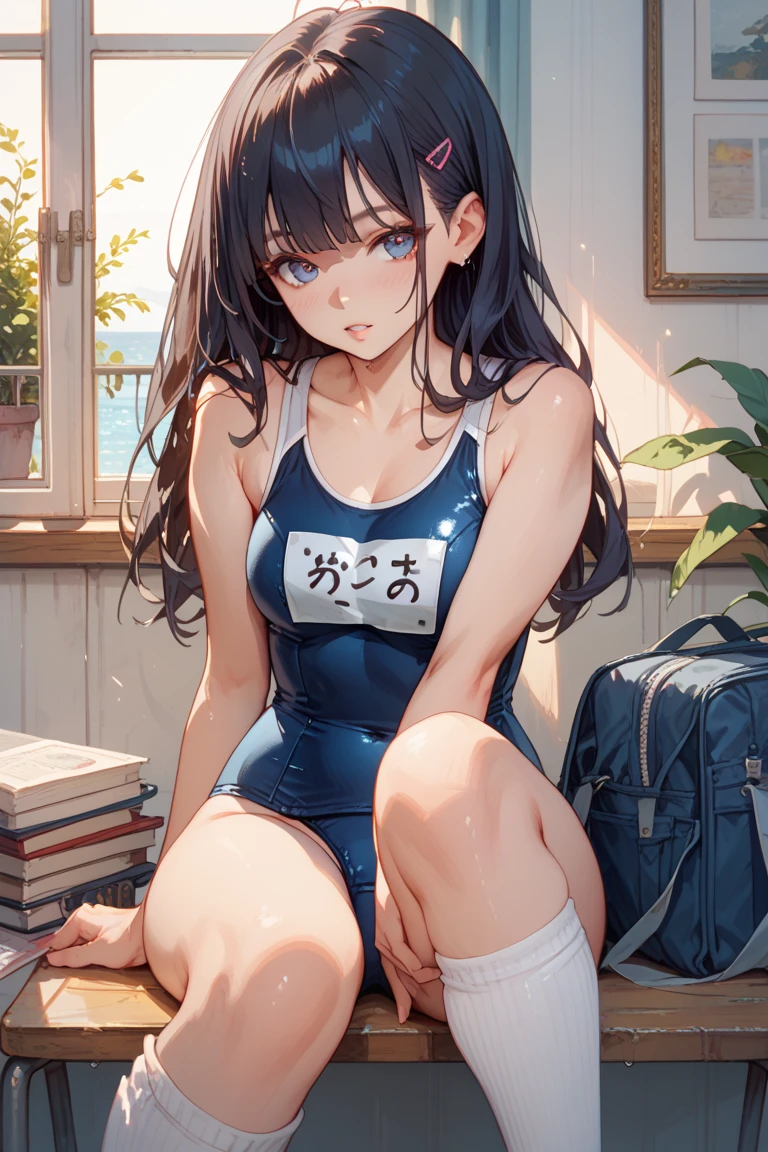 masterpiece, highest quality, High resolution, 1 girl, brown hair, long hair, bangs, twin tails, brown eyes, big breasts, ((Dark blue one piece school swimsuit)), bare hands, barefoot, embarrassed face, school classroom, Sit on the floor with your crotch open, rubbing own breast
