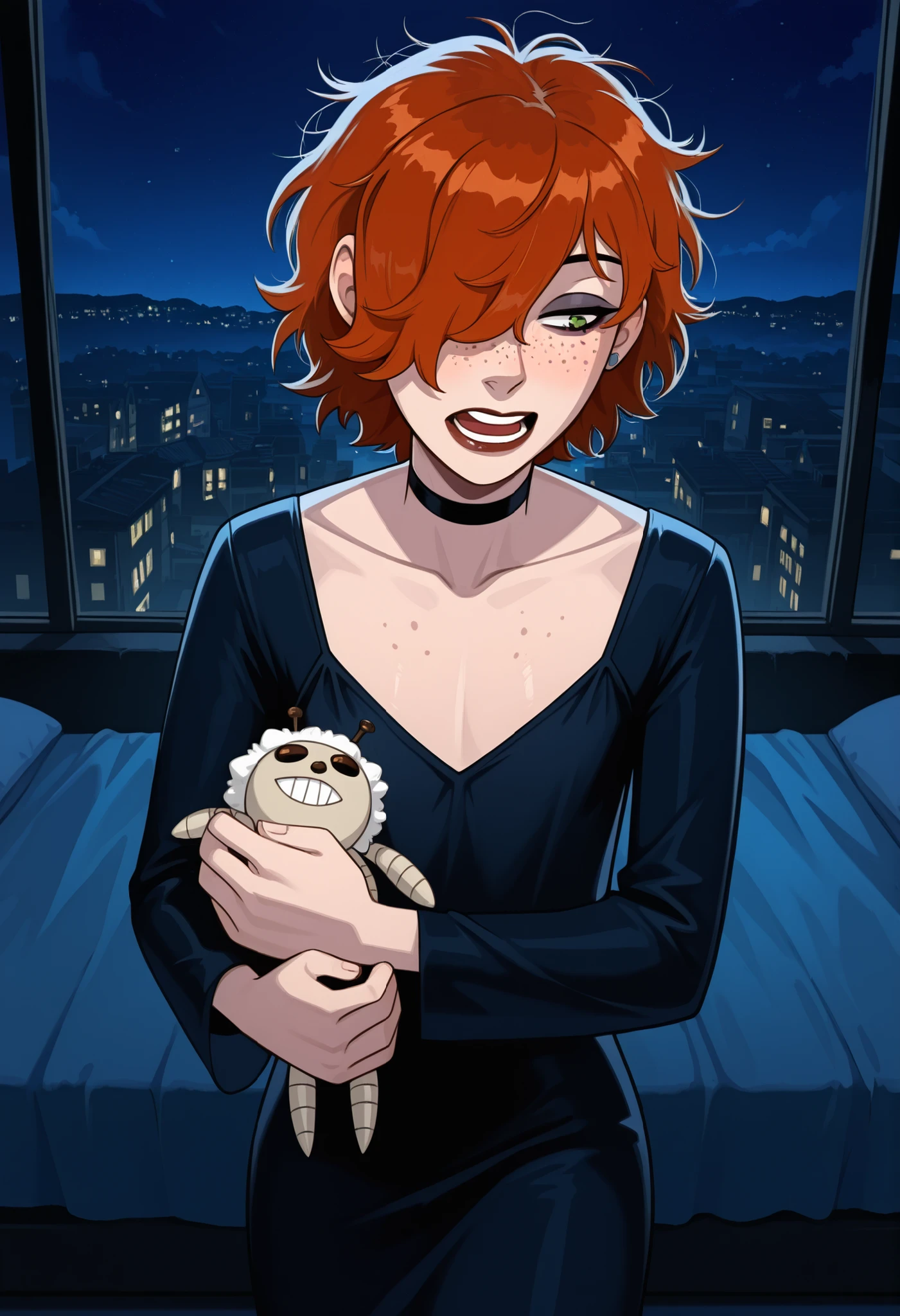 Gwen Tennyson . ginger . short hair . green eyes . flat breasts, flat chest, huge hips . slim body . choker . | masscore_9, score_8_up, 1girl, (hair over one eye:1.5) ,(freckles:2), (messy hair:1.5), (wolfcut hair), open mouth,( dark eyeliner:1.5),(eaegyosal makeup), lip gloss, full lips, blush, longsleeved nightgown, indoors, bedroom, bed, (hugging stuffed ant), window, snowy city, city, flowers, (night time:2), consistent lighting, clear composition, detailed realistic background, in-total-focus, handfixer, masterpiece, masterwork, absurdres, award-winning, hyper-detailed, perfecteyes, skindentation, detailed face, professional, view from above,