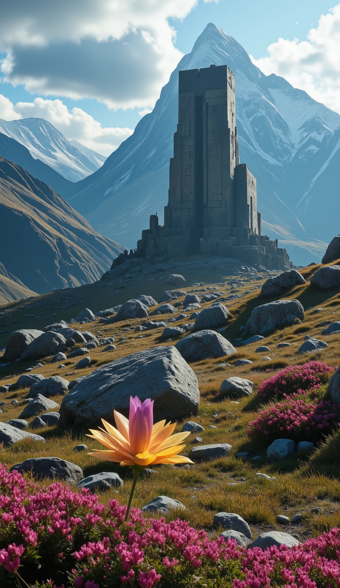 highdefinition images、Ruins in Siberia、Sholya Mountains Gornaya Shoria Scenic Masterpieces、vivid colors、Spectacular Dramatic Style、Massive Megaliths(Massive Stone Underground Facilities)、A gentle flower、Premium quality environment、Plateau scenery。