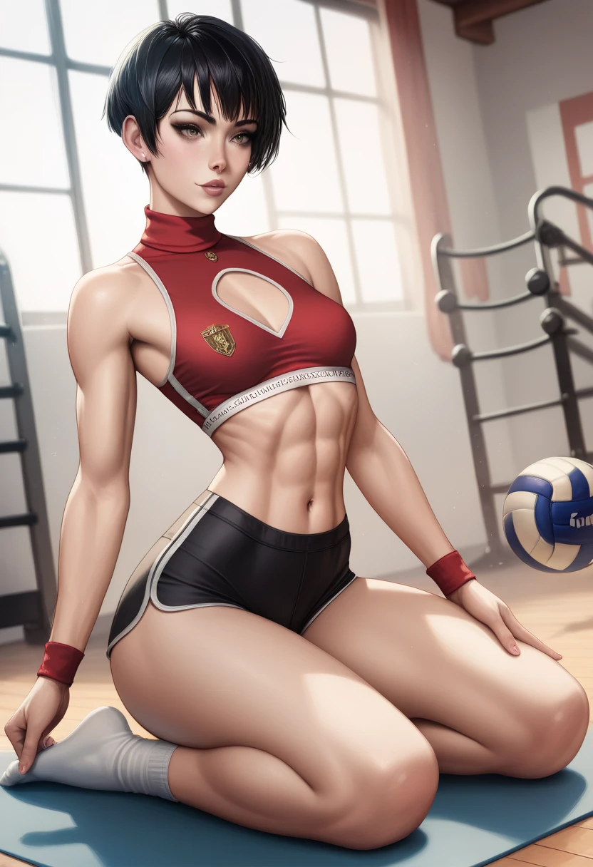 ada wong, muscular body, sixpack abs, sitting, spread legs, smile, sweat,