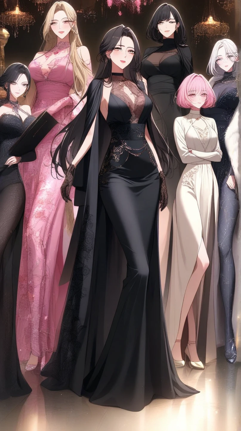 a group of women in long dresses standing next to each other, style is a blend of æon flux, style mix of æon flux, wearing fantasy formal clothing, sexy style, glamorous tifa lockheart, astral witch clothes, full body xianxia, full body wuxia, tifa, characters from azur lane, high quality character design