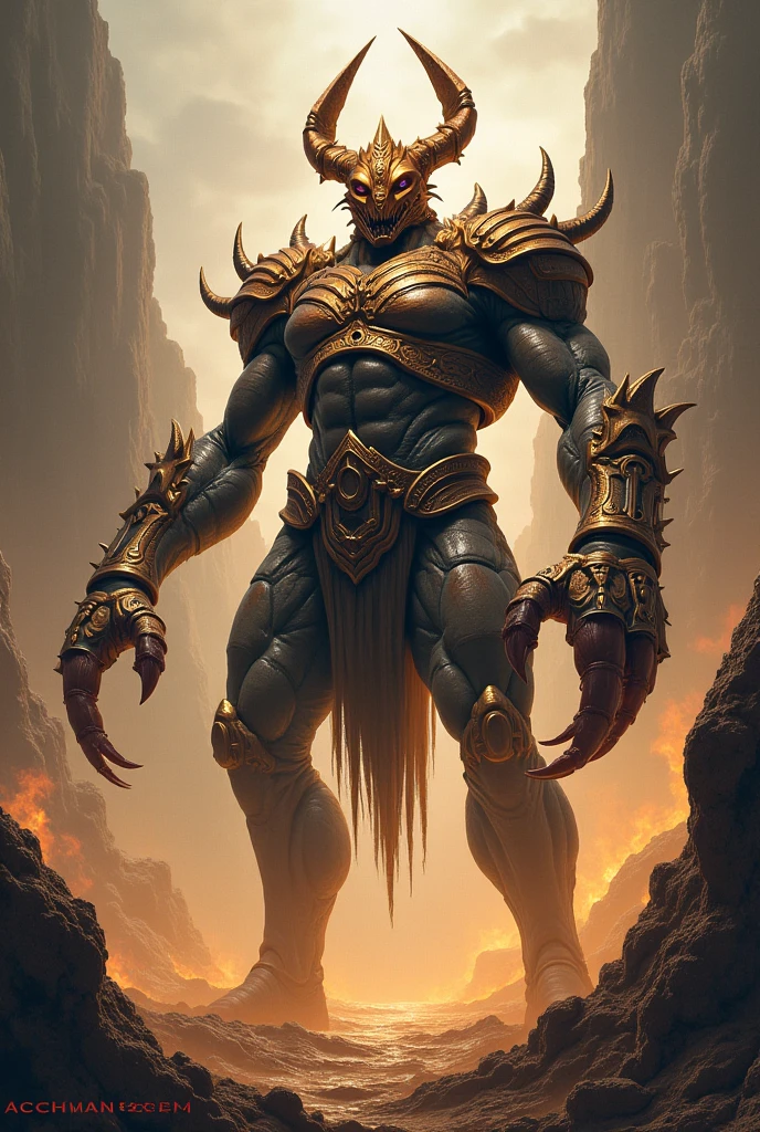 a highly detailed, cinematic, hyper-realistic, 8k masterpiece of Exodia, the legendary Egyptian villain, posing in an angles , edgy, and gigantic stance, creating a powerful lightning orb, with high contrast and an amber color palette, wearing intricate Egyptian gauntlets, full body