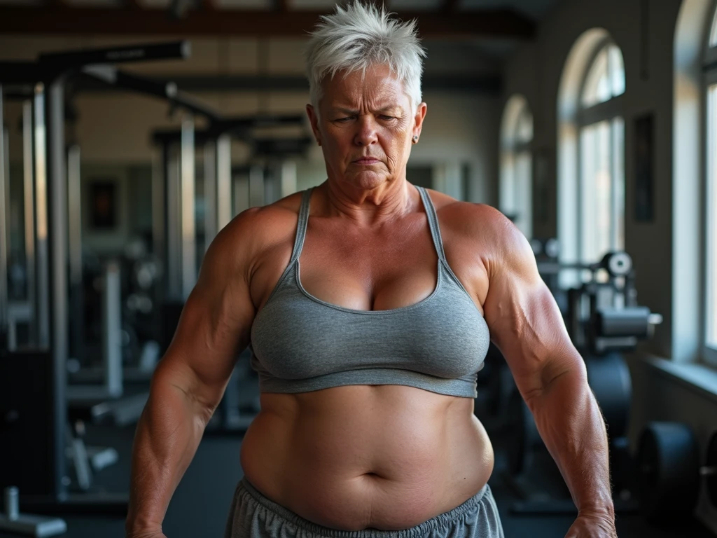 a very old lady with white hair, con un cuerpo musculado y fitnesss se ven las venas en sus musculos y ropa fitnesss de color morado, a huge butt, thin but with muscles, and a voluptuous body, giant muscles, with veins, fitness, mega muscular and defined, with an expression of astonishment and happiness with his mouth open with joy, with white hair, lifting giant dumbbells , in a sensual pose, in the background the living room of a house