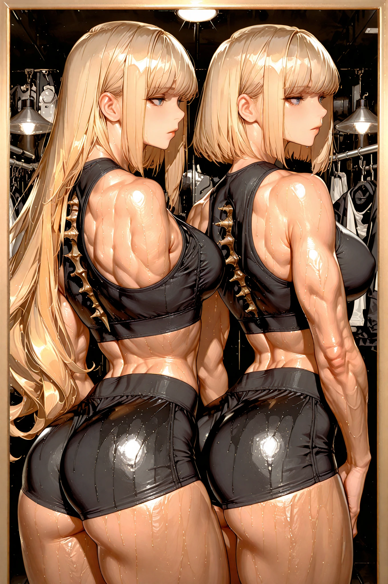 Super detailed、highest quality、best image quality、masterpiece、8K、anime face、gentle smile、blonde curly hair、(SFW huge body)、(((Rear view)))、cowboy shot、Wearing a thong、whole body muscles