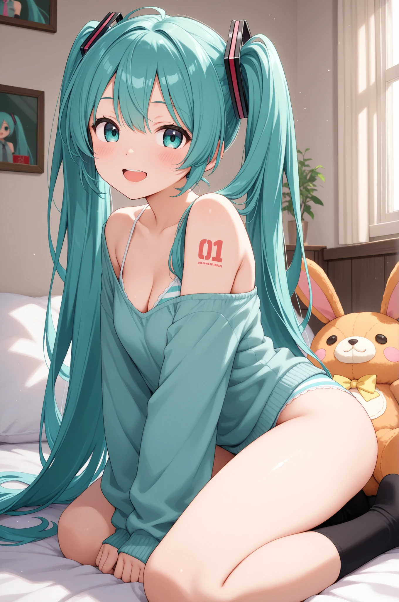 score_9, score_8_up, score_7_up, score_9, score_8_up, score_7_up,1girl,hatsune miku, blue hair, twintails, condoms, b3droom, kawaii, indoors<lora:Private_roomkawaii_female_bedroom:1>