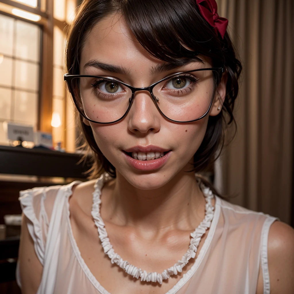8k, solo, beautiful girl,  makeup, blush, lipstick, red lips, portrait, realistic, green eyes, looking at viewer, white low-cut crop ,white checkered mini skirt , bunny ears buckle ,secretary glasses ,in the garden ,  lying on the grass , sexy , horny
