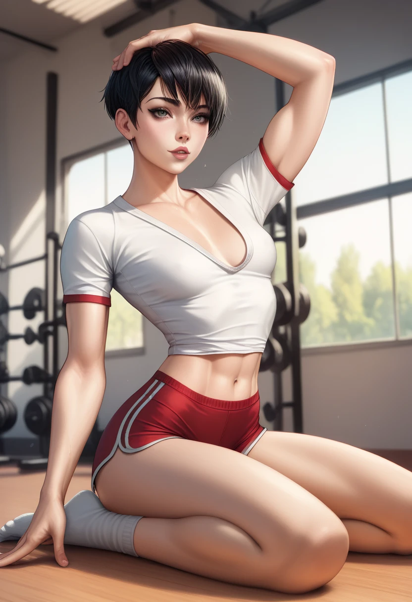 A beautiful and athletic brunette with short hair, light skin, and hazel eyes. She is wearing a black sports bra and yoga shorts that show off her toned physique. She has a button nose, full lips, and small breasts.