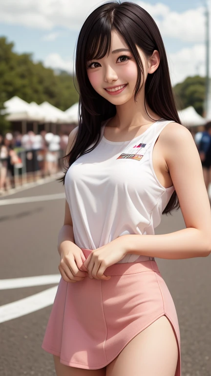 8K、cute、Adult Girl、detailed、Braid your hair in an intricate way、Looking into the camera、((SFW: 1.4)),((detailedな顔, Professional photography)), ((SFW, Race Queen, Grid Girls, skirt, Sleeveless, 1 Girl)), Ultra-high resolution, (Realistic: 1.4), RAW Photos, Highest quality, (PhotoRealistic Stick), concentrate, Soft Light, ((20-year-old)), ((Japanese)), (( (Young Face))), (surface), (Written boundary depth), masterpiece, (Realistic), woman, bangs, ((1 Girl))