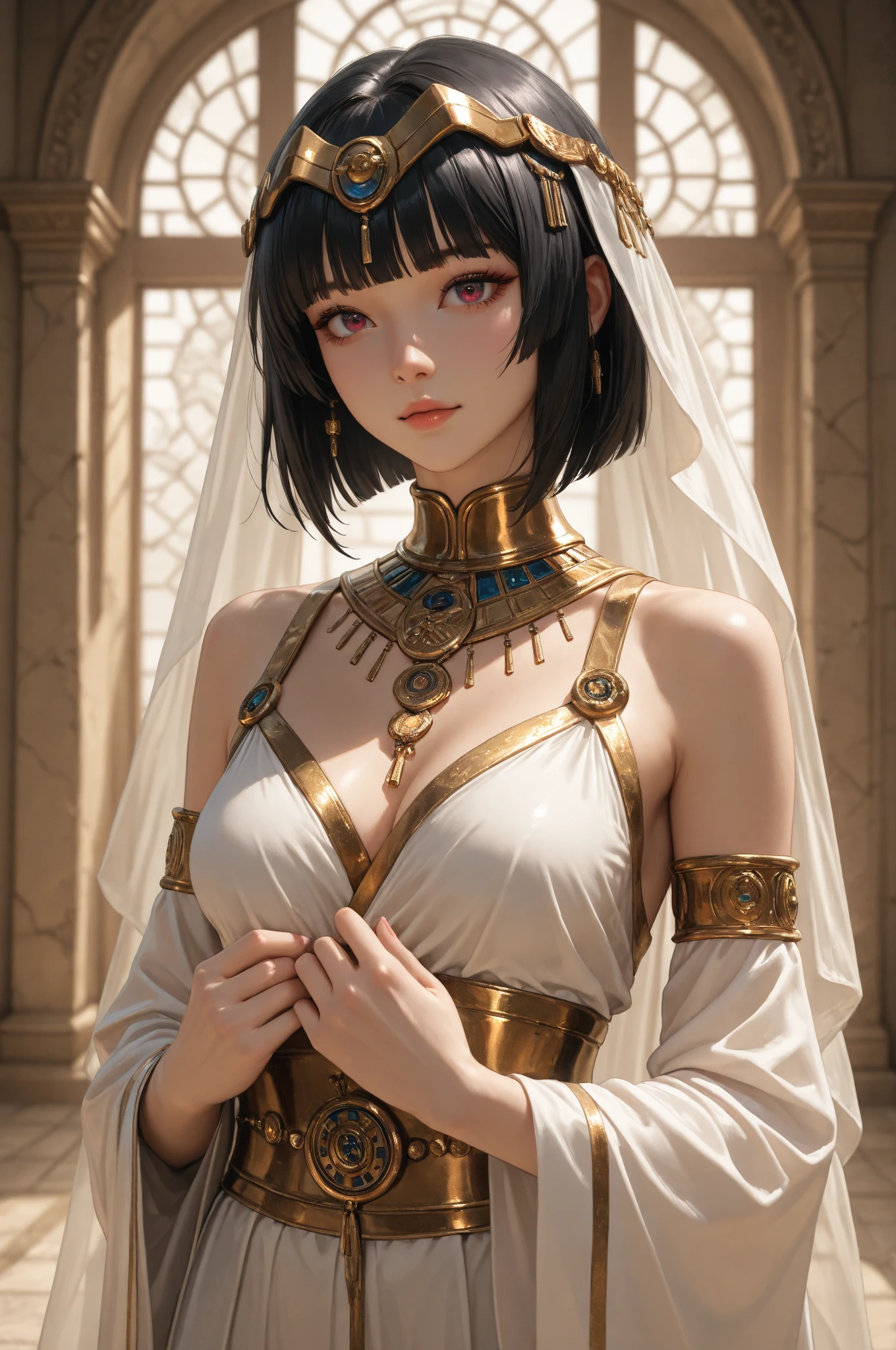 tmasterpiece,Highest image quality,Beautiful bust of noble ancient egyptian girl,Delicate black hairstyle,Short hair tied up,clear sea blue eyes,Ancient Egyptian white clothes were simple and elegant,Ancient Egyptian civilization,pyramid,A desert,Moonlight super detailed,advanced。At the Pixiv Art Station,Break your own power,Luigi,Big breasts exposing cleavage,R-18G