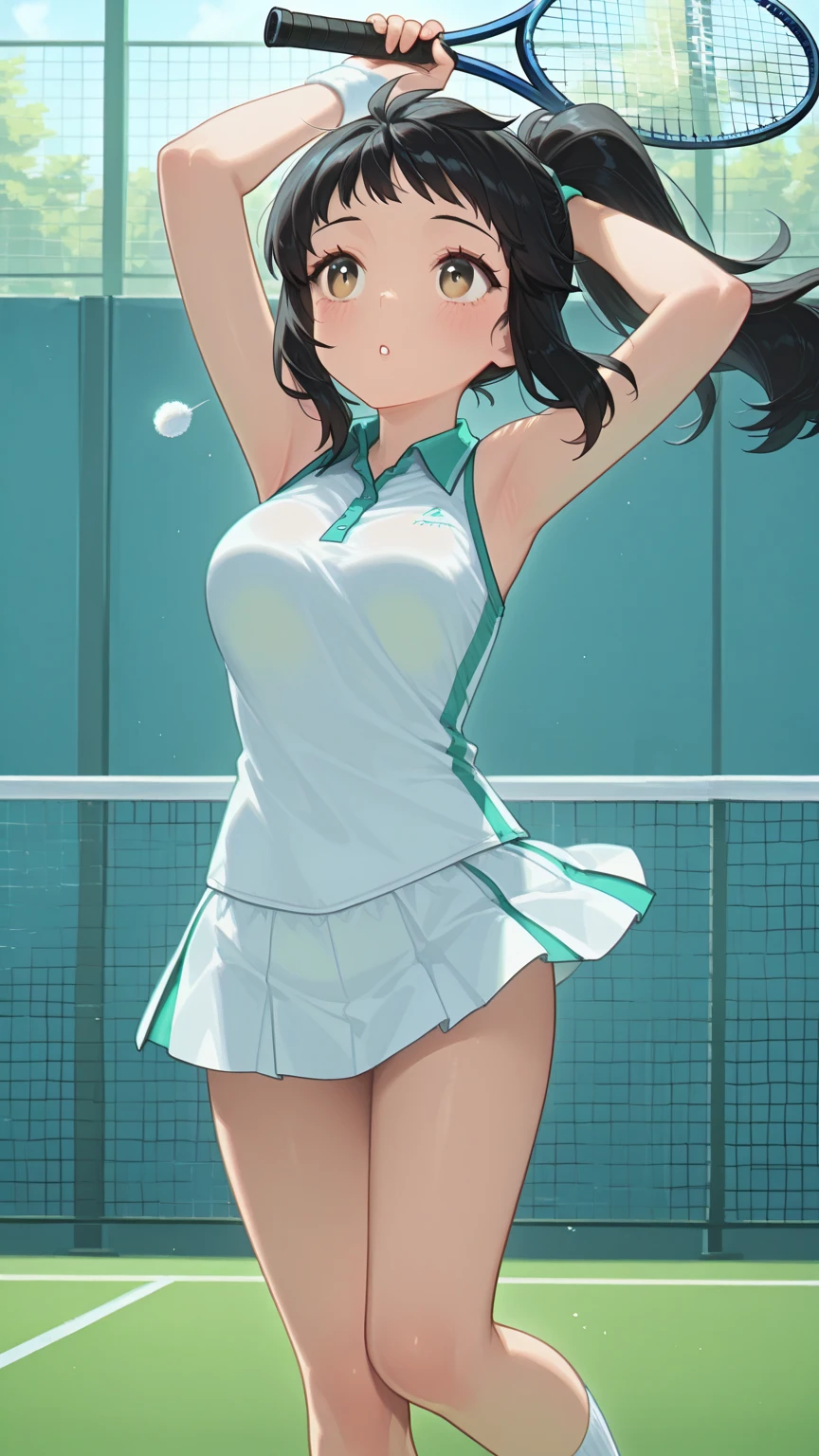 score_9, score_8_up, score_7_up beautiful aesthetic, very intricate, high quality details,sexy tennis girl,girl holding tennis racket,girl wearing tennis clothes,nico robin \(one piece\),source_anime