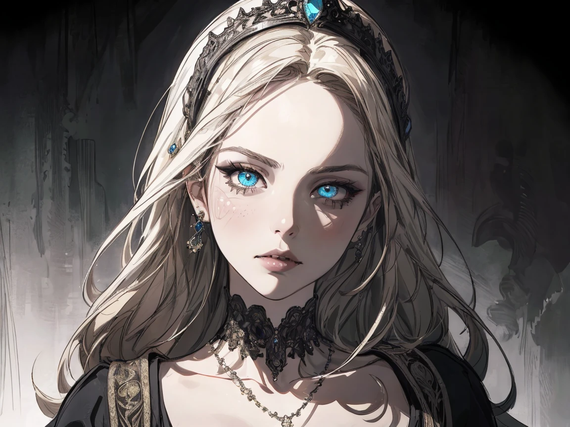 score_9, score_8_up, score_7_up, score_6_up, score_5_up, score_4_up, fkey70, h3l3n, masterpiece, best quality, high quality, hyperrealistic anime painting, anime painting, loose long hair, black background, dramatic diagonal lighting, painterly, realistic painting, soft feature, detailed clothes, detailed, rembrandt lighting, solo, 1girl, dress lift, white hair, black dress, long sleeves, cleavage 
