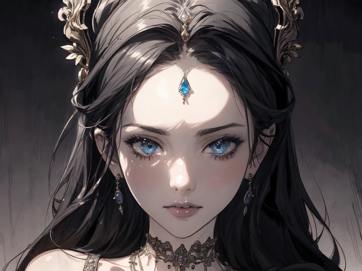 1girl, long black hair, beautiful detailed eyes, beautiful detailed face, detailed jewelry, chinese,resting pose, solitary, intricate ornate art, detailed ornate headdress, (best quality,4k,8k,highres,masterpiece:1.2),ultra-detailed,(realistic,photorealistic,photo-realistic:1.37),dramatic lighting,cinematic composition,intricate detailed background,glowing soft lighting,ethereal atmosphere