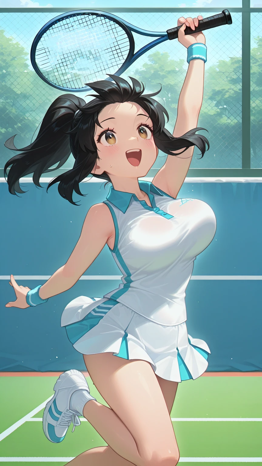 score_9, score_8_up, score_7_up beautiful aesthetic, very intricate, high quality details,sexy tennis girl,girl holding tennis racket,girl wearing tennis clothes,nico robin \(one piece\),source_anime