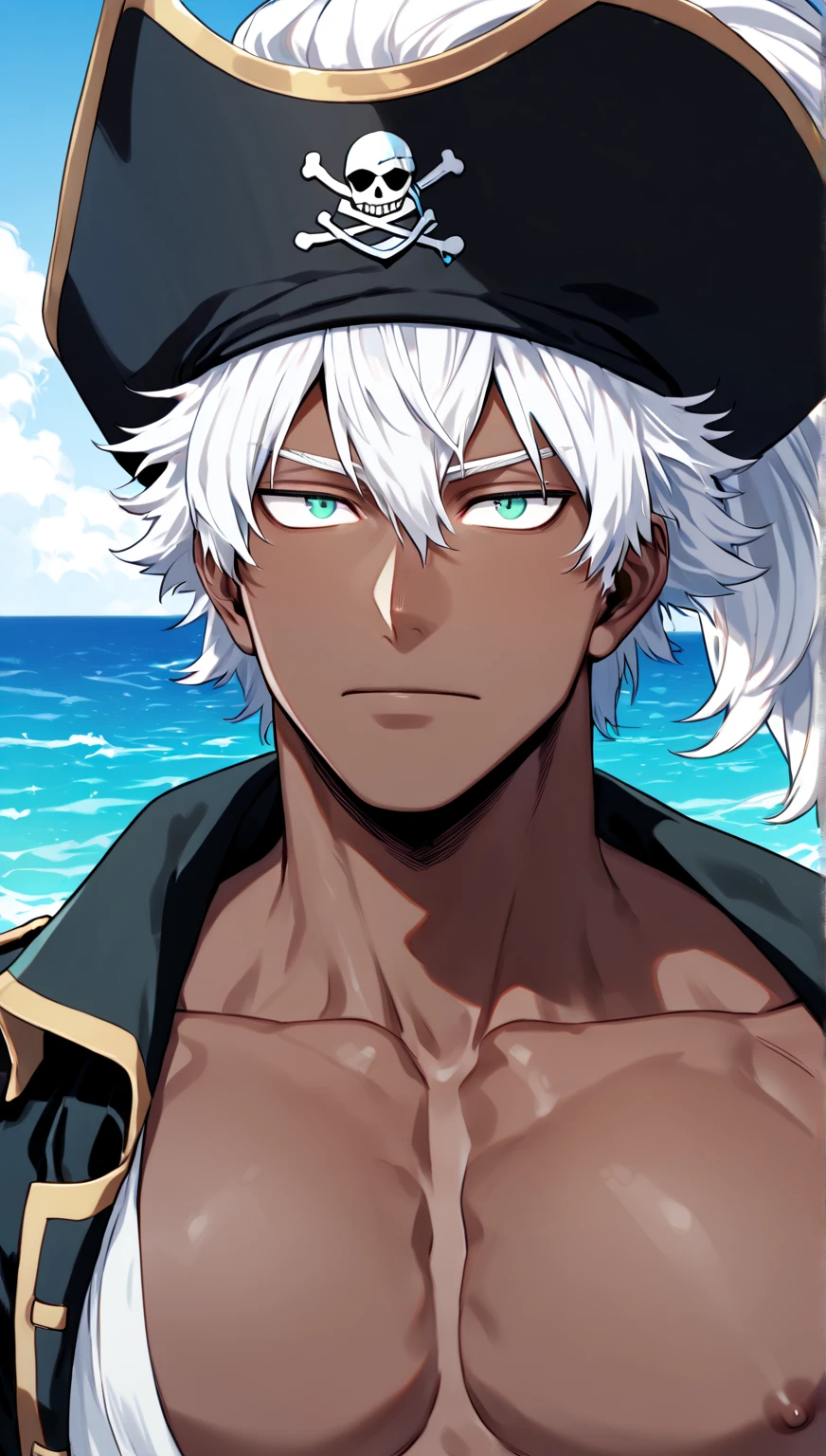 absurdres, highres, ultra detailed, HDR, master piece, best quality, Gojou Satoru, white hair, expressive blue eyes, white eyelashes, Jujutsu Kaisen, solo, sexy man, handsome, horny, lewd, black hat, fantasy black pirate clothes, accessories, showing the chest, beach, sea, petals, flowers