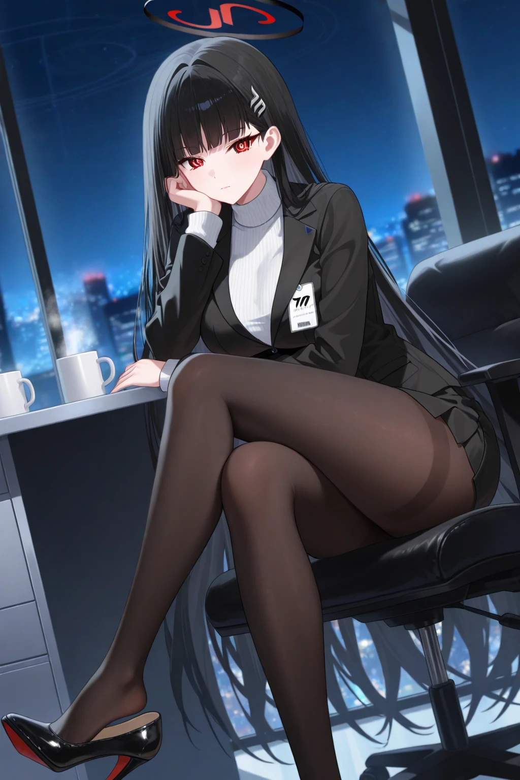 masterpiece, best quality,
1girl,solo,large breasts,sitting, leg up, expressionless,
<lora:rio-ba:0.9> rio-ba,red eyes,hairclip,very long hair,halo,white turtleneck sweater,black jacket,black miniskirt, black pantyhose,no shoes,
cameltoe, panties under pantyhose, looking at viewer,half-closed eyes,
