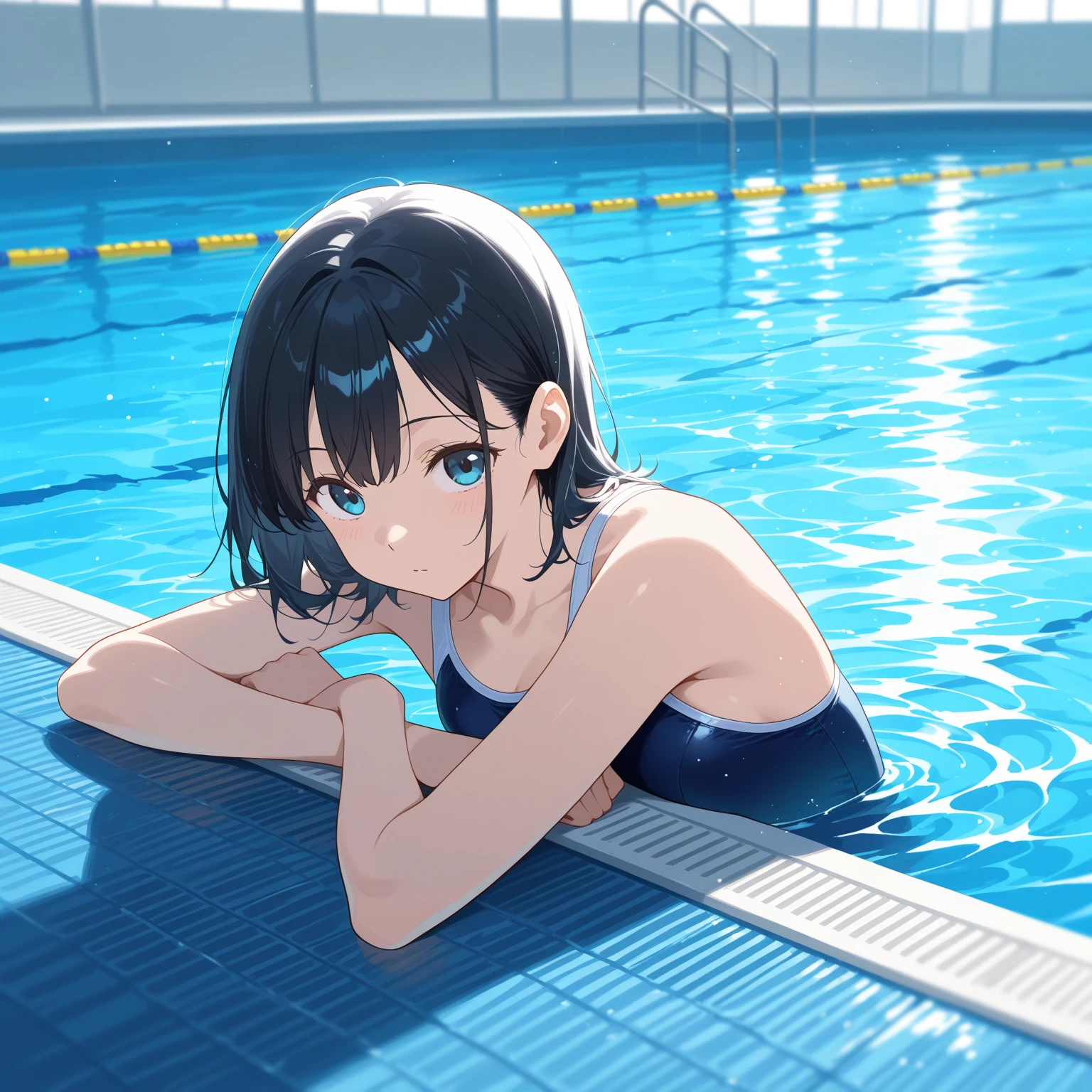 ultra-Top-quality by art God, ultra-detailed, high resolution, shinkai makoto style, anime moe artstyle, best anime 8k konachan wallpaper, pixiv contest winner, perfect anatomy, break,(Please draw a picture of a girl in a swimsuit sitting on a bench by the poolside alone.),break, a hyperrealistic school girl, parted lips, (Solo,lolita, ???, 13-year-old:1.3),Full limbs, complete fingers, androgynous charm, very short hair, wet hair, small breasts,slender body, Small butt, groin, Small black eyes,hanme,beautiful detailed eyes, well-proportioned iris and pupils, sleepily, highres detailed hair, swimsuit, wet swimsuit, bare shoulders, thighs, in the school pool. break,dewy skin, perspiration on the skin,skin texture, fine lines, pores, natural imperfections,light reflections, glossy skin, shiny skin,break,super detailed skin, shiny skin, Best lighting powered by famous artist, 8k, illustration,UHD, textured skin,break,((artist:toosaka_asagi )), artist:clamp ,artist:carnelian ,artist:kantoku ,