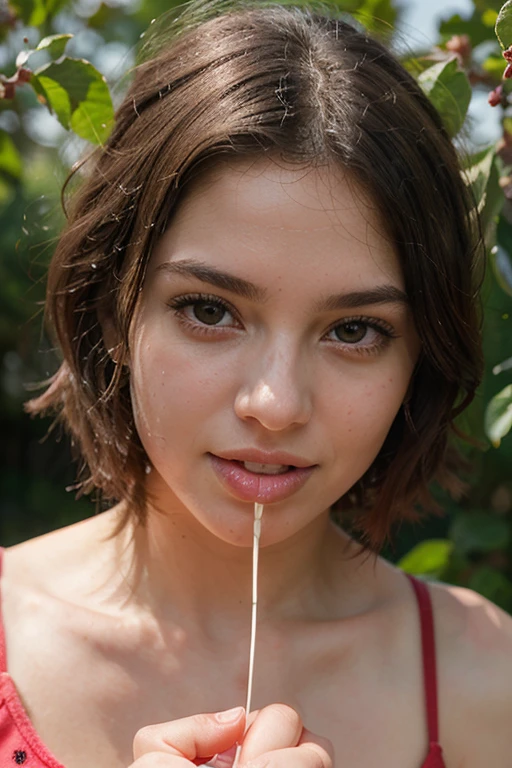 high detail, photorealistic, 8k, high quality, blurred background, photograph of a young woman in a black dress kneeling on grass, model, ((view from above, looking up at camera)), polish city, brown hair, pony tail, medium chest, cleavage, low cut dress, 18 years old, very pretty model, average face, arian mark, natural no makeup, big blue eyes, ((full body)), pale skin with tan lines, glow, sweat, (sunlight, sunshine, sunbeam), high detailed face, eyes in sharp focus, high quality face, high detailed hands, high quality hands, anatomically correct, ((drops of cum dripping on face))