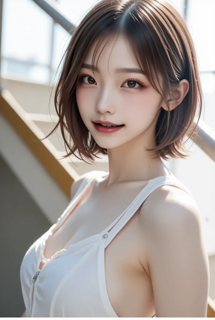 Masterpiece、highest quality、Perfect Anatomy、Upper body from the knee up:1.5、Navelが見える、One Girl、Japanese Girls、Beautiful gray eyes、Detailed eyes、Fuller lips、Red lips、Golden ratio face、An ennui look、Small breasts、Beautiful belly button、The belly button is visible、Blue camisole、Short camisole、Sports Bra、Navel、Random pose、Blurred Background、すごくBlurred Background、Watercolor-like background