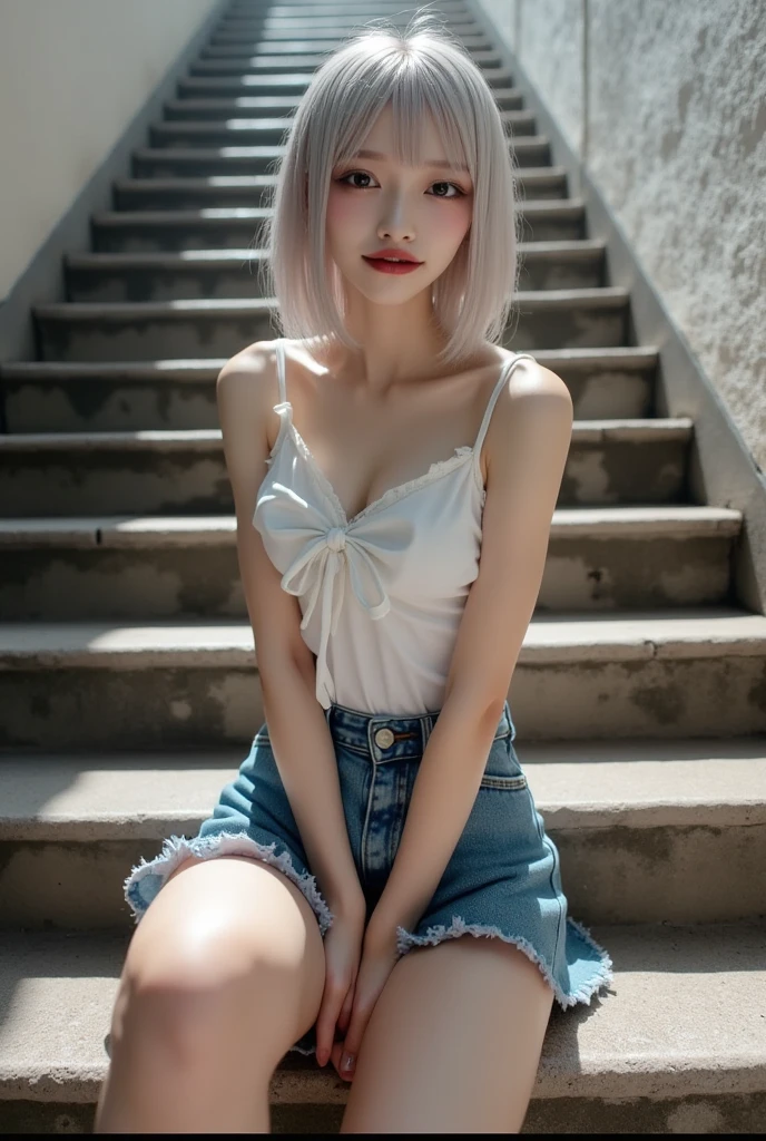 1girl in、brue eyes、short-hair、blondehair、Short tank top、flered skirt、Masterpiece face、top-quality、Precise body、beauty legs、White sandals、