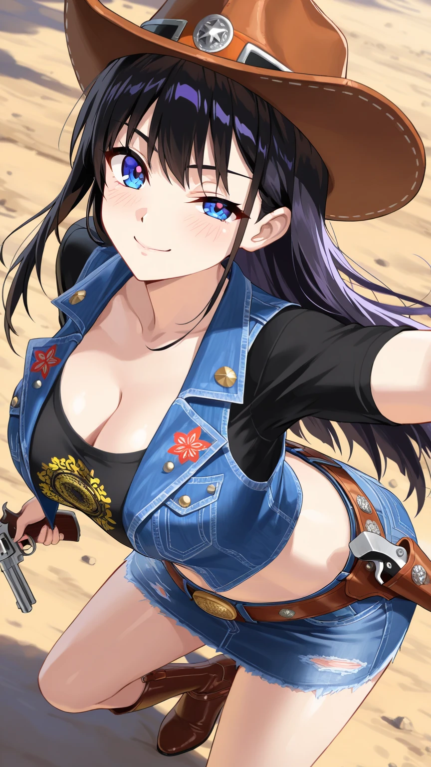 (masterpiece),(best quality:1), (ultra highres:1), ({high detailed), best quality, full body, amazing, hyperdetailed, intricate details, beautiful lighting, Nico Robin, <lora:nicoRobinOnePiecePreAnd_postTimeskip:1>, 1girl, aqua eyes, black hair, breasts, cleavage, collared jacket, cowboy shot, crop top, cropped jacket, extra hands, eyewear on head, fingernails, hair slicked back, hand up, high collar, jacket, large breasts, long hair, looking at viewer, midriff, navel, plunging neckline, pose, sarong, short sleeves, smile, solo, standing, stomach, sunglasses, very long hair, flower drawing on jacket, outdoors, <lora:m4a1AssaultRifleLORA_v10:1>, m4a1, holding m4a1, rifle, trigger discipline