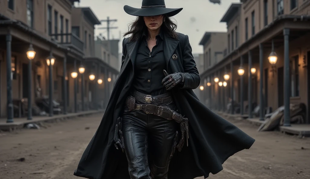 circa 1880s full length western cowboy woman, long brown ponytail, brown eyes, high arched eyebrows, long graceful neck, red lips, large breasts, tight brown leather pants, long leather coat, leather boots, desolate desolate American small town dusty walks on a sandy street, (realistic, photorealistic, photorealistic:1.37 ), horror, dark and gloomy atmosphere with dramatic lighting, dull reddish colors, Foggy environment, detailed  expressions, Horrible fog
