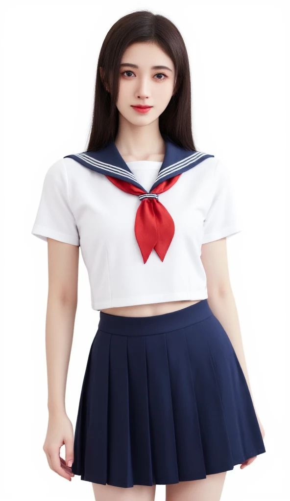 ((top quality, 8k, masterpiece: 1.3)), 1 girl, beauty with slender abs: 1.3, (medium short hair, big: 1.2), sailor suit: 1.1, ultra detailed face, detailed eyes, double eyelids, black pleated skirt, full body, navel