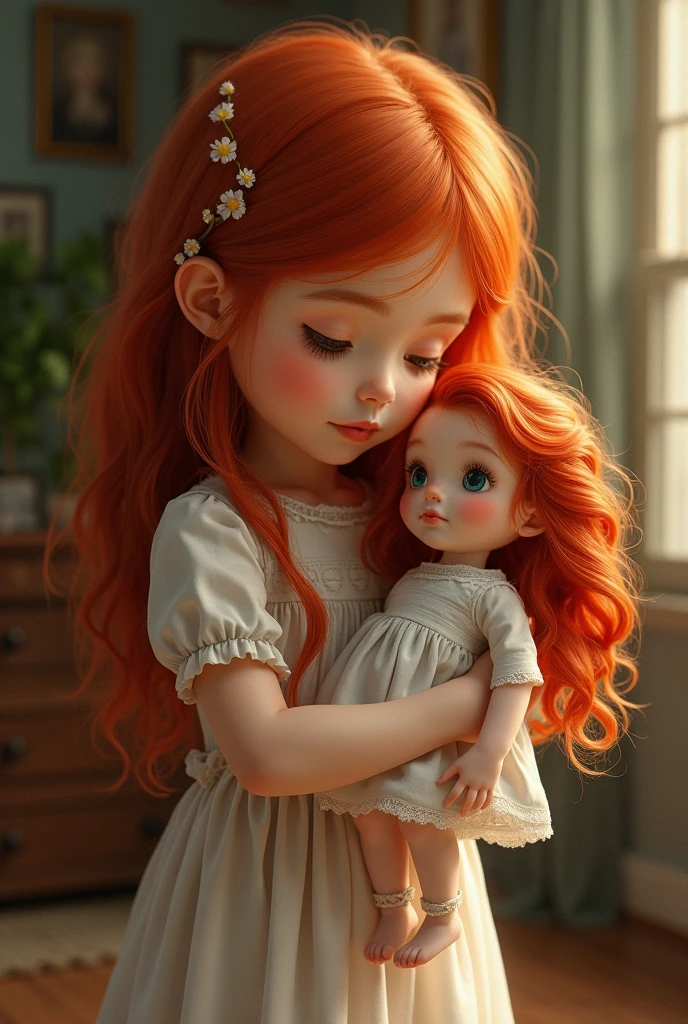 a female child, with long red hair, hugging a doll .