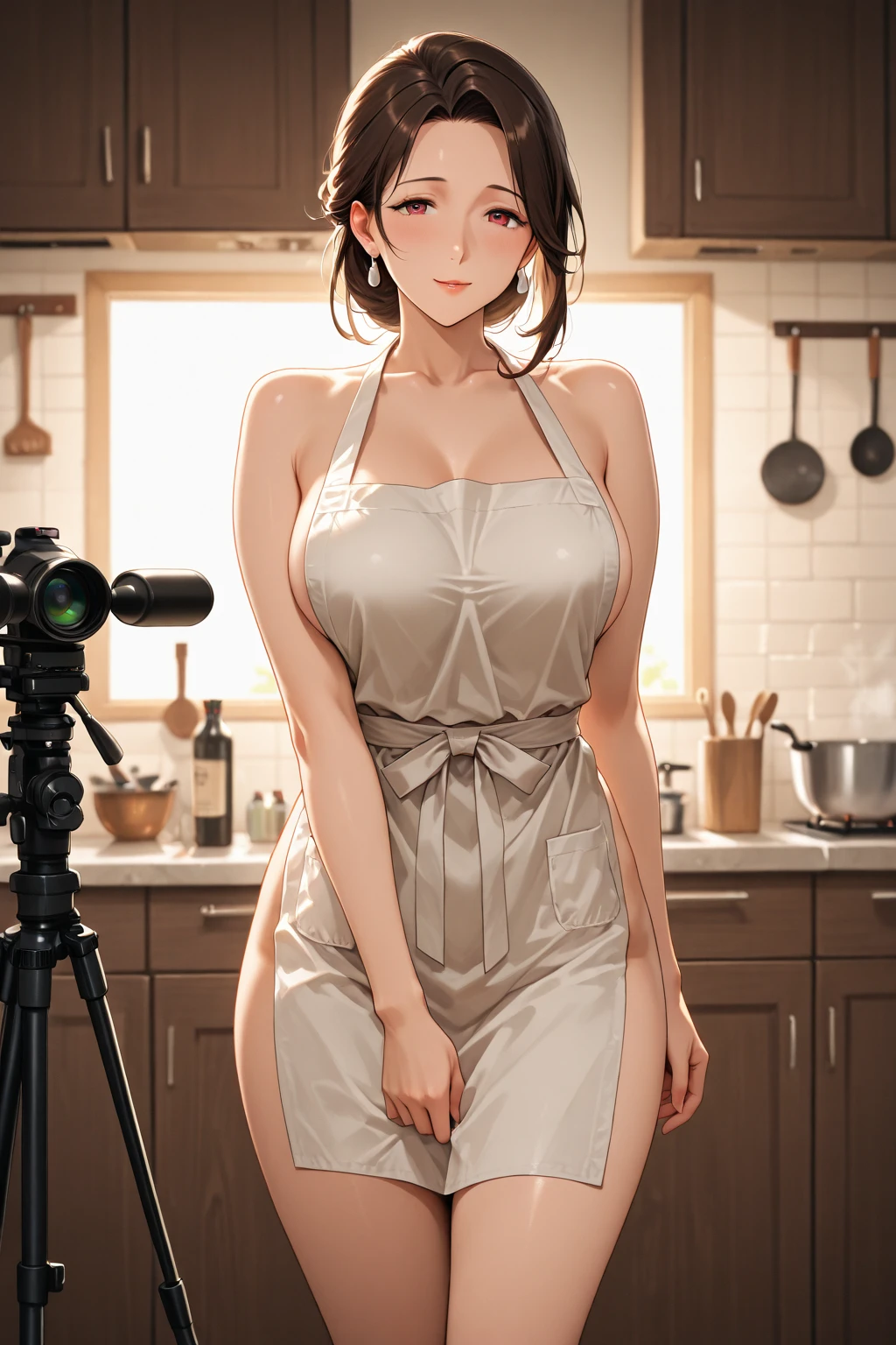 ((1girl, solo)), mikoto uchiha, (large breasts:1.5), beautiful body, (perfect anatomy, perfect body, perfect hands, perfect legs), nice hands, natural proportions, sexy body, standing, arms behind back BREAK
((extremely detailed face)), (black eyes:1.5), (black eye shadow:1.3), (beautiful detailed eyes:1.6), (realistic pupils, realistic iris:1), expressive eyes, looking at viewer, (clear eyes:1.3), (hyperrealistic:1.2), (detailed skin texture:1.2), smooth skin, (black hair:1.5), bangs, sidelocks, long hair, (detailed lips:1.2), (attractive lips:1.1), (glossy lips:1.1), perfect face, perfect eyes BREAK
naked apron, ((brown apron)), collarbone, cleavage, (sideboob:1.3), bare shoulders, (thigh gap:1.3), thighs, groin, ((ass visible through thighs)) BREAK
(masterpiece:1.5), anime-style, top quality, best quality, (beautiful and aesthetic:1.2), (ultra detail:1.5), Ultra-detailed depiction, Ultra-precise depiction, extremely detailed 8k illustration, high resolution, (highly detailed shading:1.2), (realistic lighting:1.4), perfect lighting, vibrant colors, dynamic tones, striking hues, 8k, absurd resolution, perfect shadows, hdr, UHD, ambient lighting, realistic, ultra-realistic, photo realistic, highly detailed, rich detail, luminous colors, fine texture, intricate design, professional illustration, (soft light:1.2), (illustration:0.7)