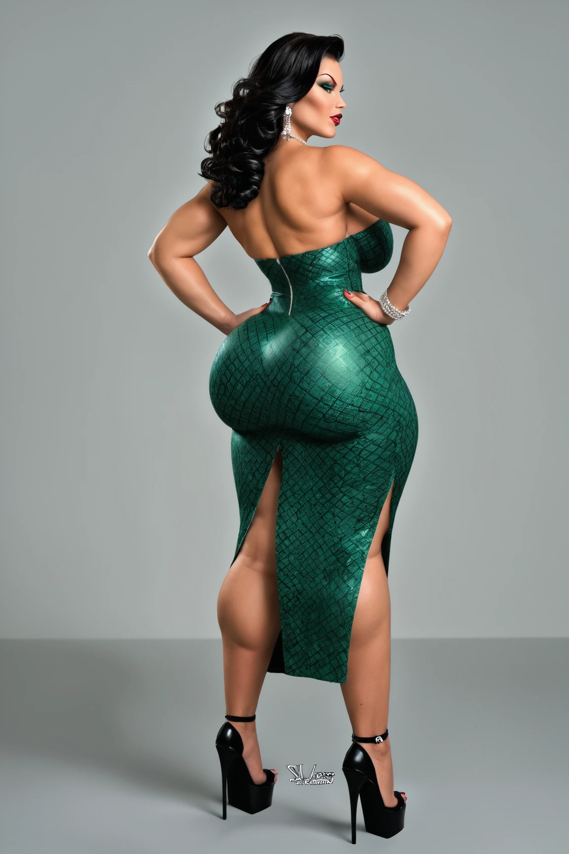 HD wallpaper 32k cinematic shoot of a Beautiful cute Rgirl, with thick thighs and a curvy waist, wearing a green Red Carpet Dress, ((smiling)), ((open neckline)), ((boobs)), ((full body view)), ((feet)), ((side view)), ((double thick thighs)), ((tattoos on her thighs)), ((green dress)), ((green red carpet dress))
