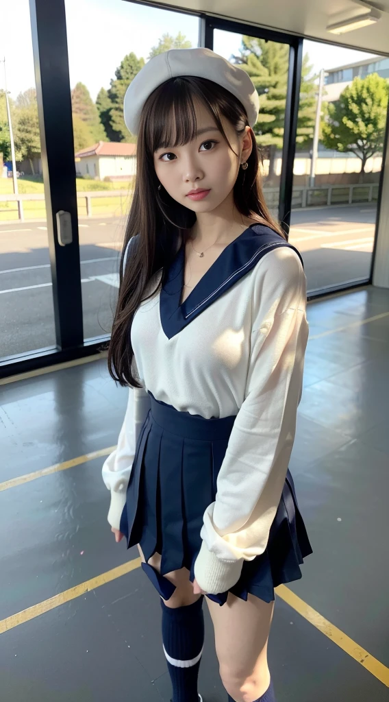 (((cowboy shot))),Ultra-high resolution,big eyes,(brown eyes),Japanese,(forehead),(a girl),(1 girl),((17 years old)),(cute),pretty,((facing at viewer)),grin,(((white school sailor uniform))),pleated skirt,sitting,thighs