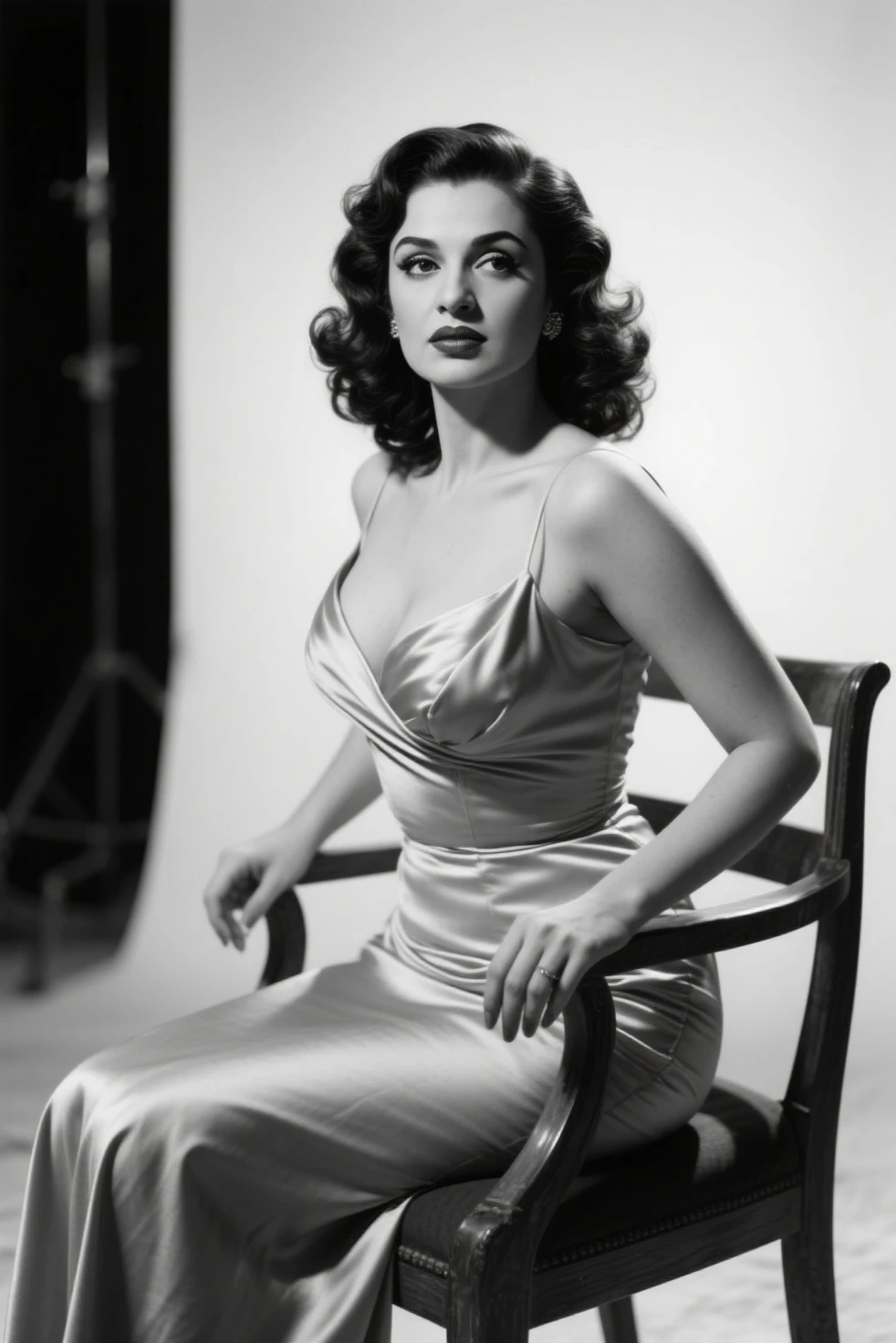 black and white photos. Jennifer Connelly, leaving room couch, long dress, pin-up, vintage dress, 22 years old, perfect body, 40's, perspective, half body detail, sharp focus, light mix, detail, 50's, (high skin detail: 1,2), 8k hd, DSLR, Luz outfit, high quality, Fujifilm XT3 Grainy Films.