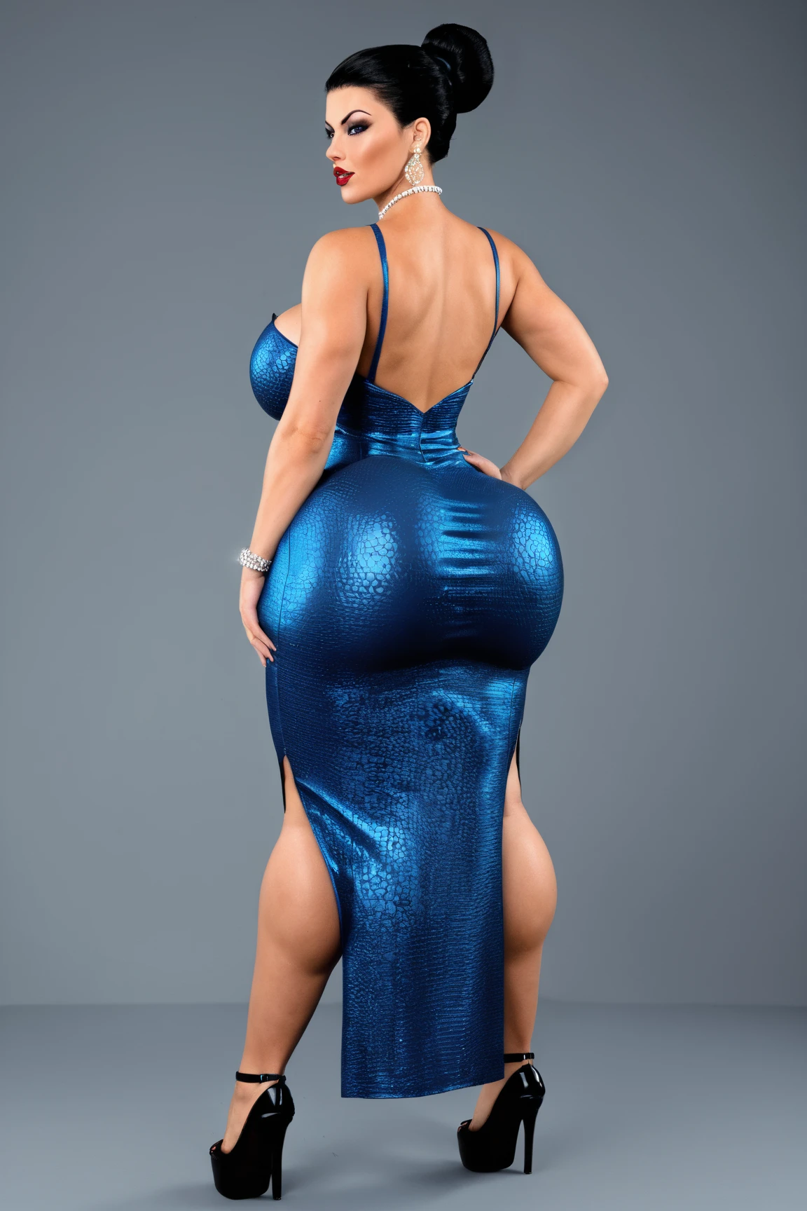 (8k, 4k, best quality, highres, ultra high res:1.1), (masterpiece, realistic, photo-realistic:1.1), Femme fatale（1girl）The body is voluptous and curvy，massive huge breasts, wide breedable hips, thick toned flawless thighs, blue hair, silver luxury heels, (arms behind head:1.3), (((in themiddle of luxurious socialite  hall:1.3))), full body to boot, (surrounded by ((male crowds checking her out:1.5)))