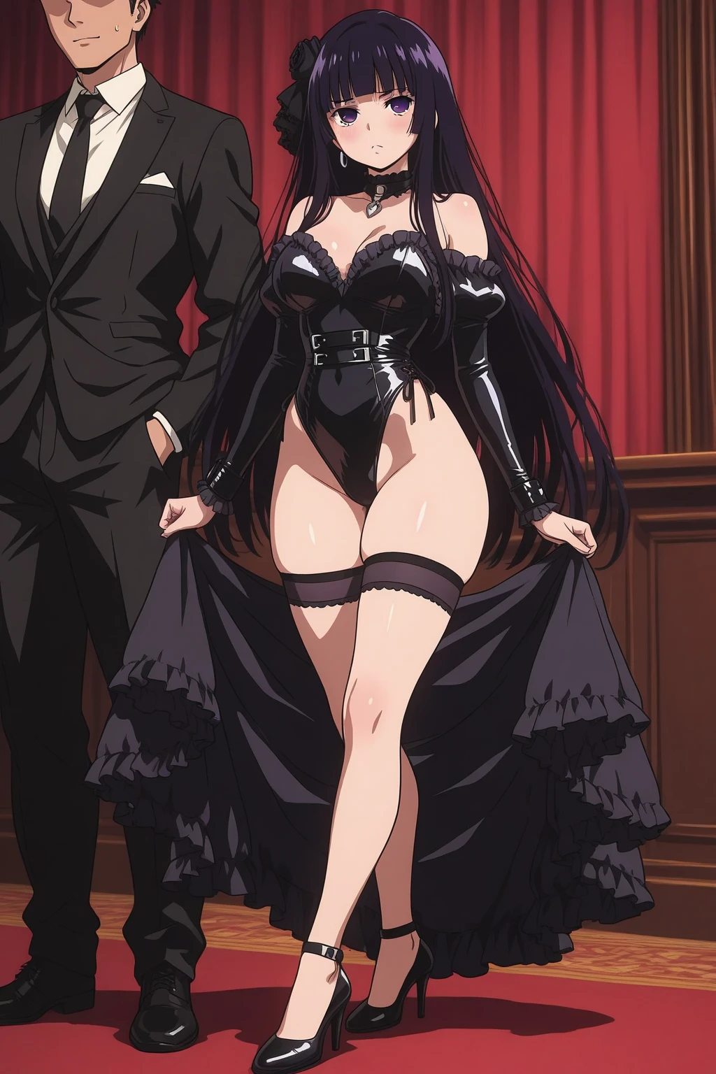Best quality, 1woman, very curvy, pretty, massive breasts, massive ass, slutty smile, elegant style, elegant pose, slutty outfit, dark black dress, black smoke, full lips, seductive, mature, big demon horns, thick body, detailed, best quality